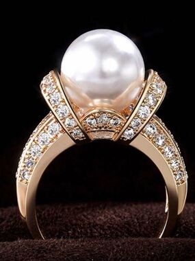 New Gold Pearl Statement Ring CZ Pave Cocktail Ring Size 8 Luxury Style Ring